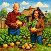 Biden and Kamala Harris stand in a Russian vegetable garden pulling up turnips.