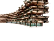 Luxury apartment suites exterior rendering showing modern multi-story building with spacious balconies, ocean views, contemporary architecture, and tropical landscaping at Shivo Gardens Zanzibar beachfront development