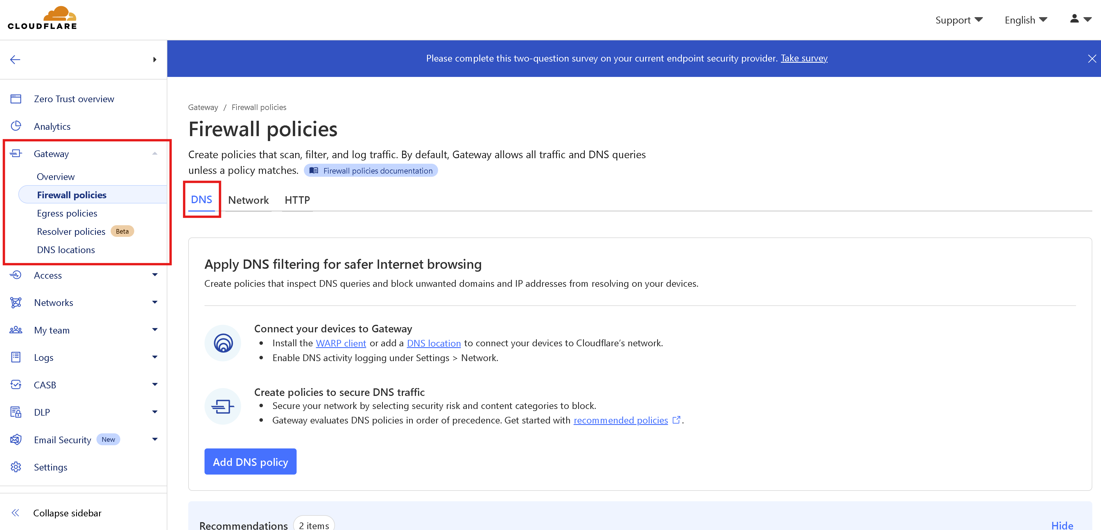 Cloudflare Zero Trust dashboard showing Gateway > Firewall Policies section with the DNS tab active.