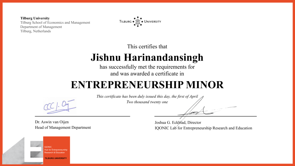 2021 -2022 Minor in Entrepreneurship Certificate (TiSEM) Jishnu Harinandansingh