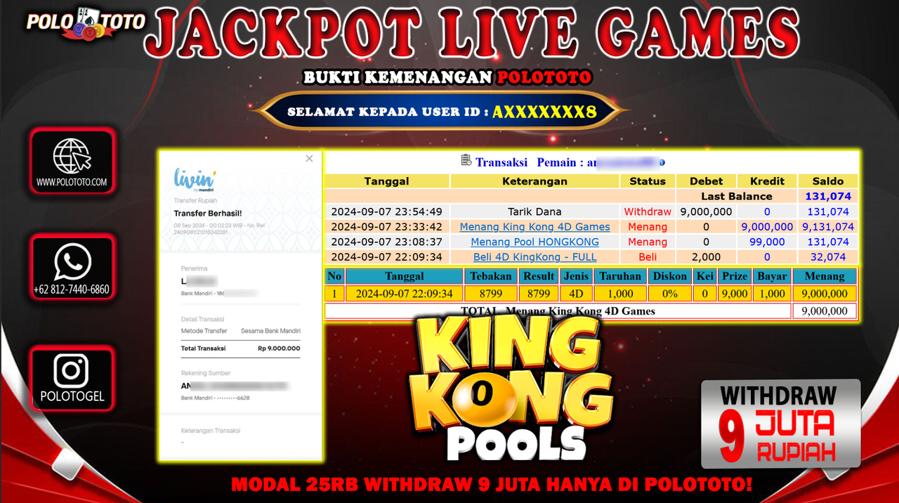 POLOTOTO JACKPOT LIVE GAMES KINGKONG POOLS Rp.9.000.000,- LUNAS