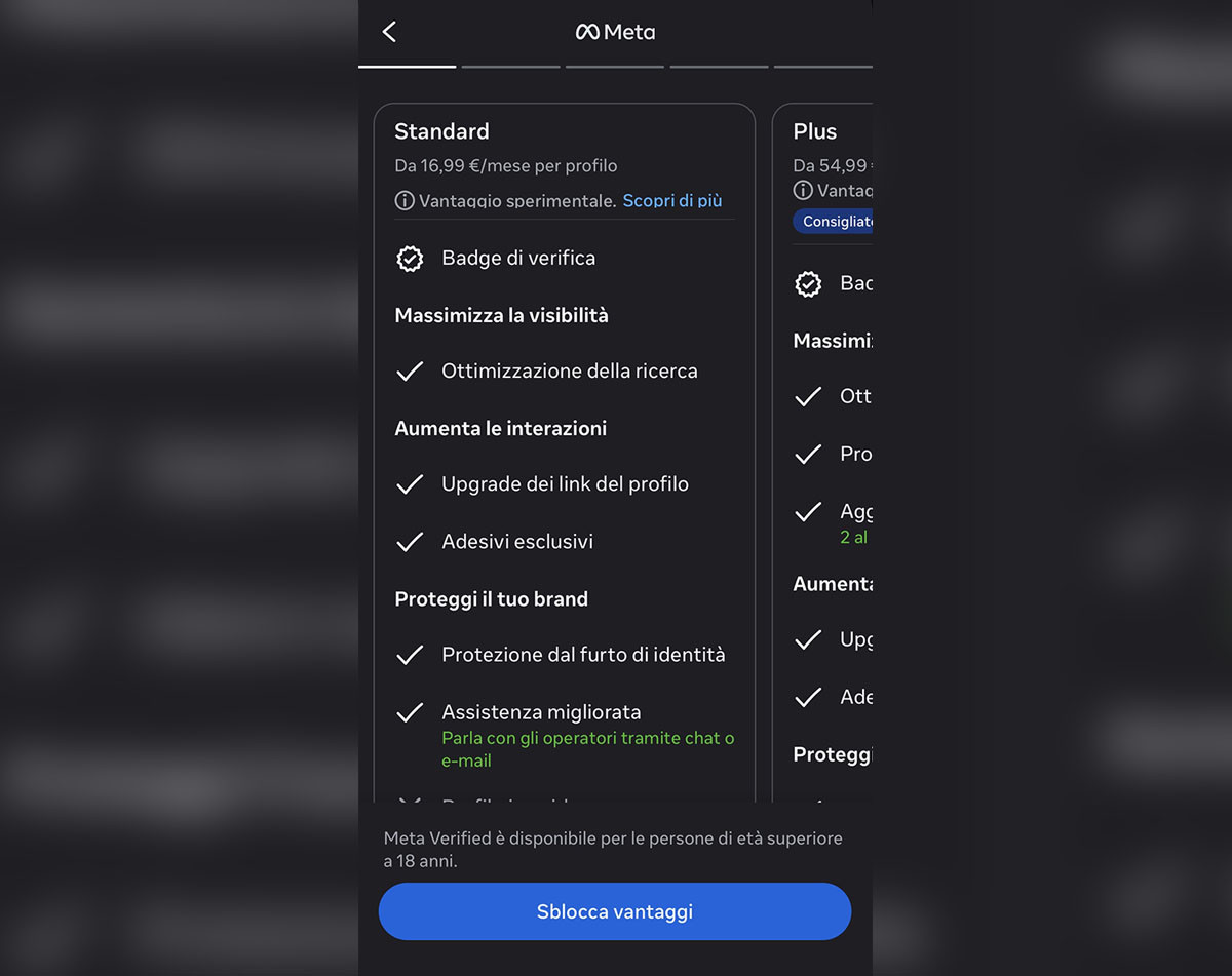 Screenshot impostazioni iPhone Centro gestione account Meta Verified Instagram