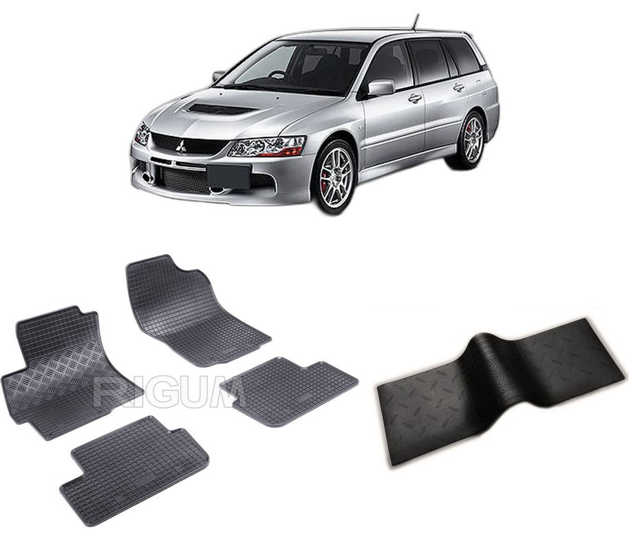 Set covorase auto MITSUBISHI LANCER IX din 10.2007-08.2017, cu covoras tunel median, CAROSERIE COMBI, Presuri cauciuc 100%, compatibil cu autoturismul MITSUBISHI LANCER IX, Rigum