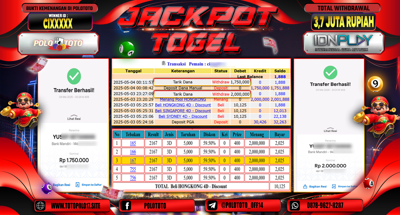POLOTOTO JACKPOT TOGEL HONGKONG LOTTO Rp.3.750.000,-