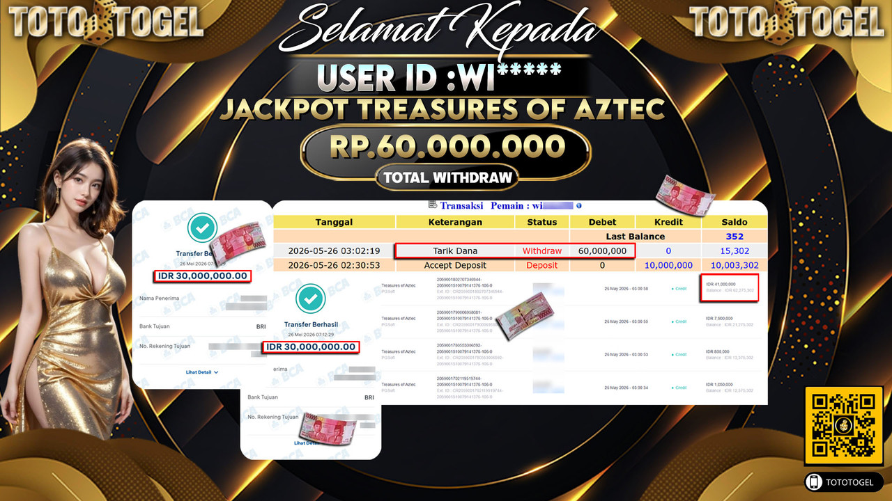 Bukti Pembayaran Jackpot Permainan Slot Treasures Of Aztec ID:WI***** LUNAS