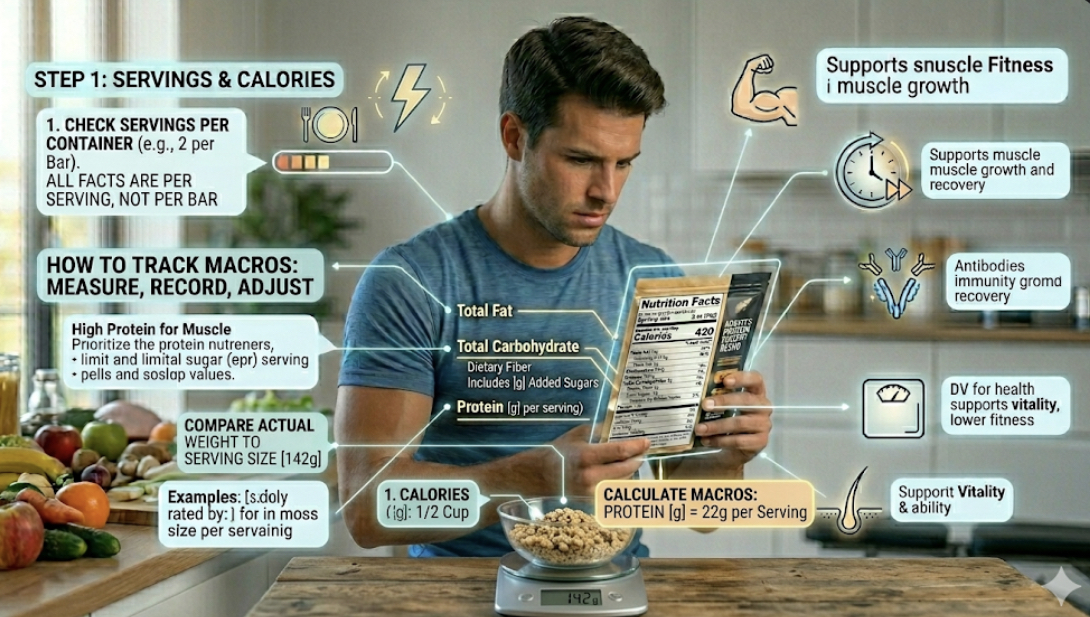 Person weighing food on kitchen scale to compare to serving size, demonstrating track macros nutrition labels and how to read food labels accurately