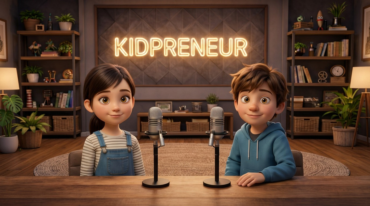 Children recording a podcast as part of a KidFoundr business learning activity
