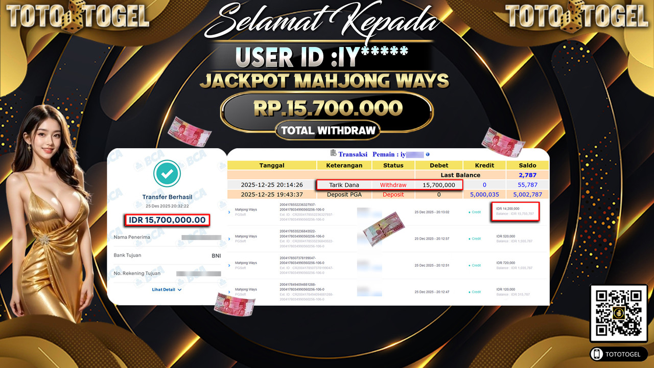 Bukti Pembayaran Jackpot Permainan Slot Mahjong Ways ID:IY**** LUNAS