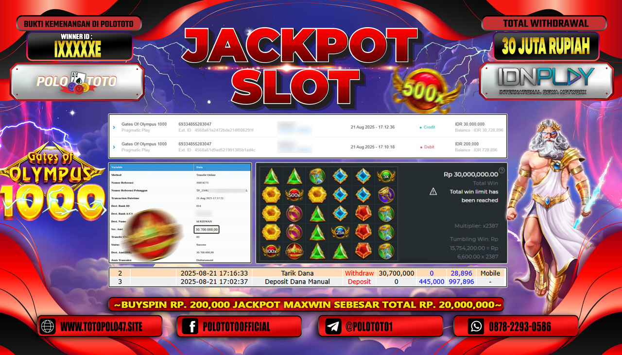 POLOTOTO JACKPOT SLOT GATES OF OLYMPUS 1000 Rp.30.000.000,- LUNAS