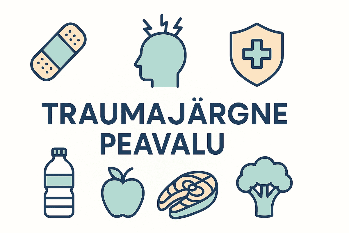 Traumajärgne peavalu – sümptomid ja soovitused Infograafika traumajärgse peavalu kohta: keskne tekst, terviseikoonid ülal ja toitumissoovitused all
