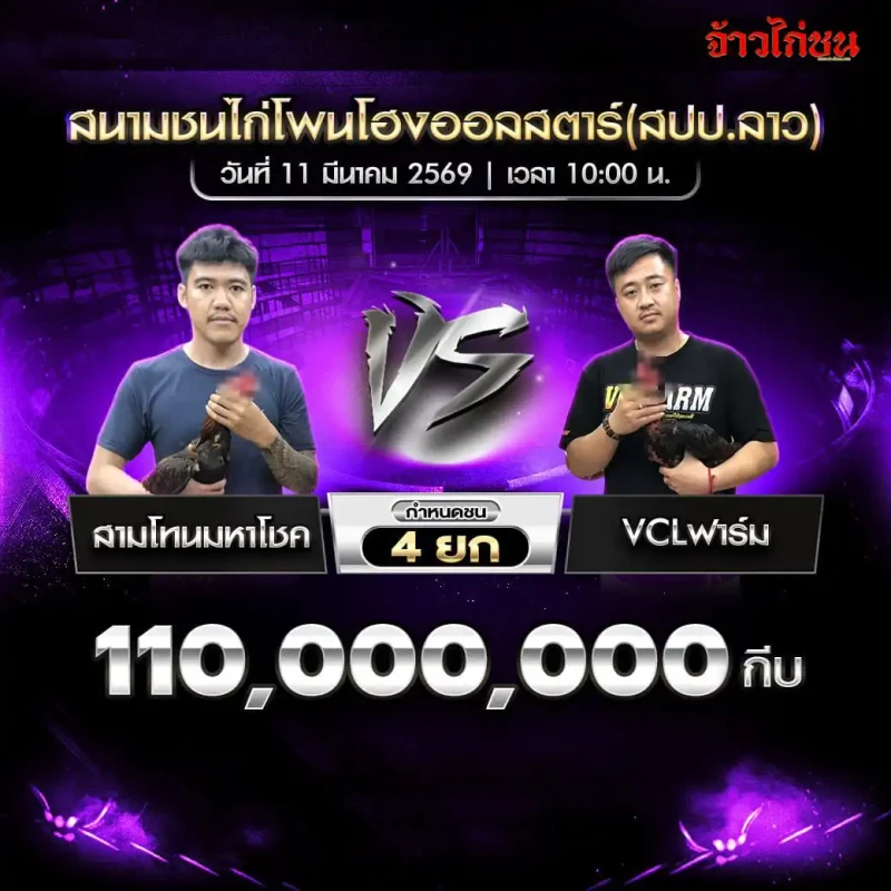 โปรแกรมไก่ชน คู่ สามโทนมหาโชค พบ VCLฟาร์ม สนามชนไก่โพนโฮงออลสตาร์ วันที่ 11 มีนาคม 2569