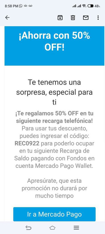 Mercado Pago: Recarga al 50% con cupón