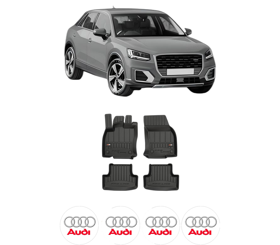Set covorase presuri AUDI Q2 (GAB, GAG) din 2016-2021, auto, din cauciuc thermoplastic, 4 Stickere auto cu AUDI
