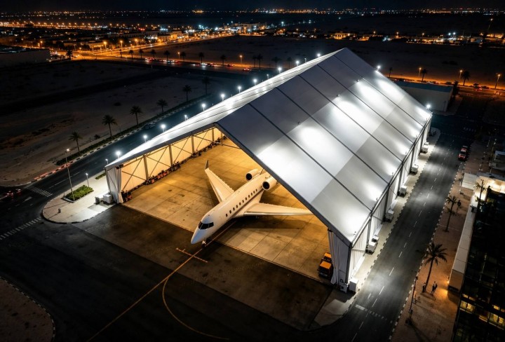 LINGTONG A-Frame aircraft hangar tent exterior view in Abu Dhabi