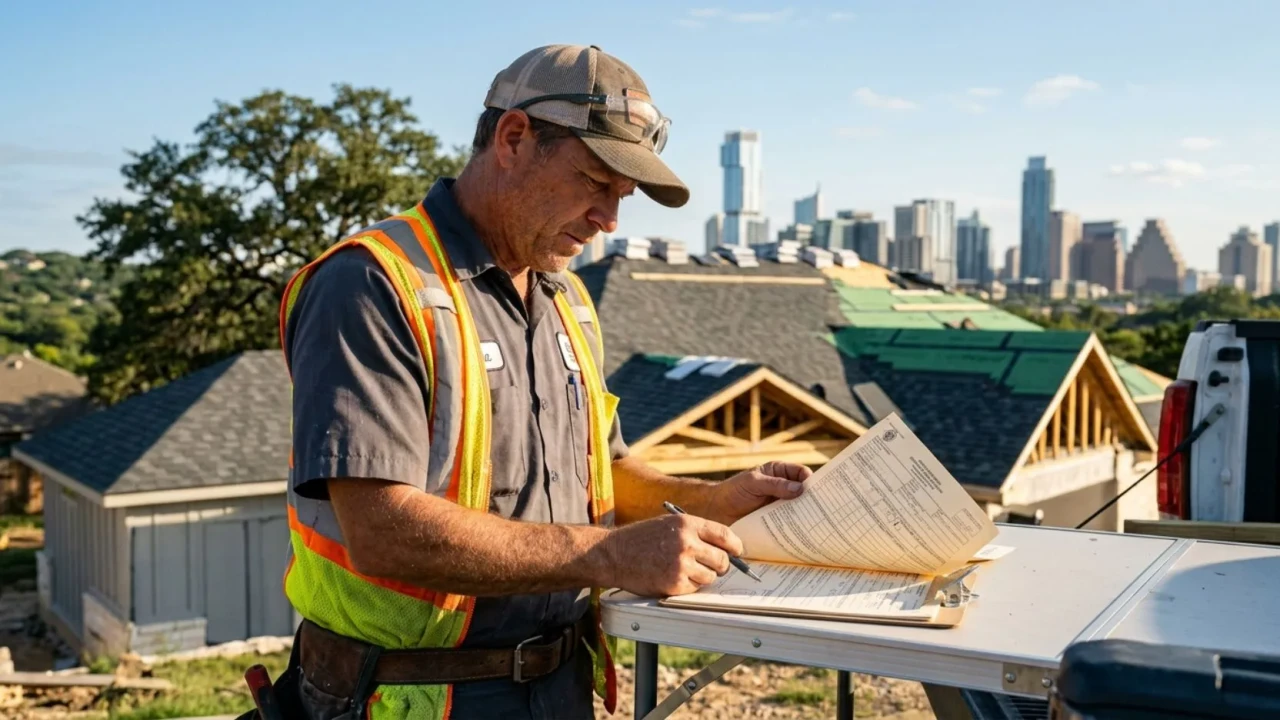 Roofing contractor reviewing an Austin building permit and inspection document