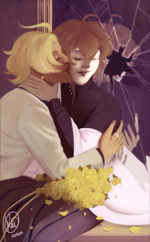 An illustration of Izanami Hifumi/Yumeno Gentaro (Hypnosis Mic). Hifumi kisses Gentaro's cheek, whom looks away coyly as his hands wrap around Hifumi's neck. Gentaro is seated in front broken mirror obscuring his reflection. A bouquet of yellow roses rests on his lap, petals falling.