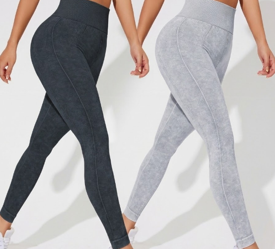 2 PCS Women's High Waisted Seamless Yoga Leggings Washed Black and Light Grey Activewear Tights Size S