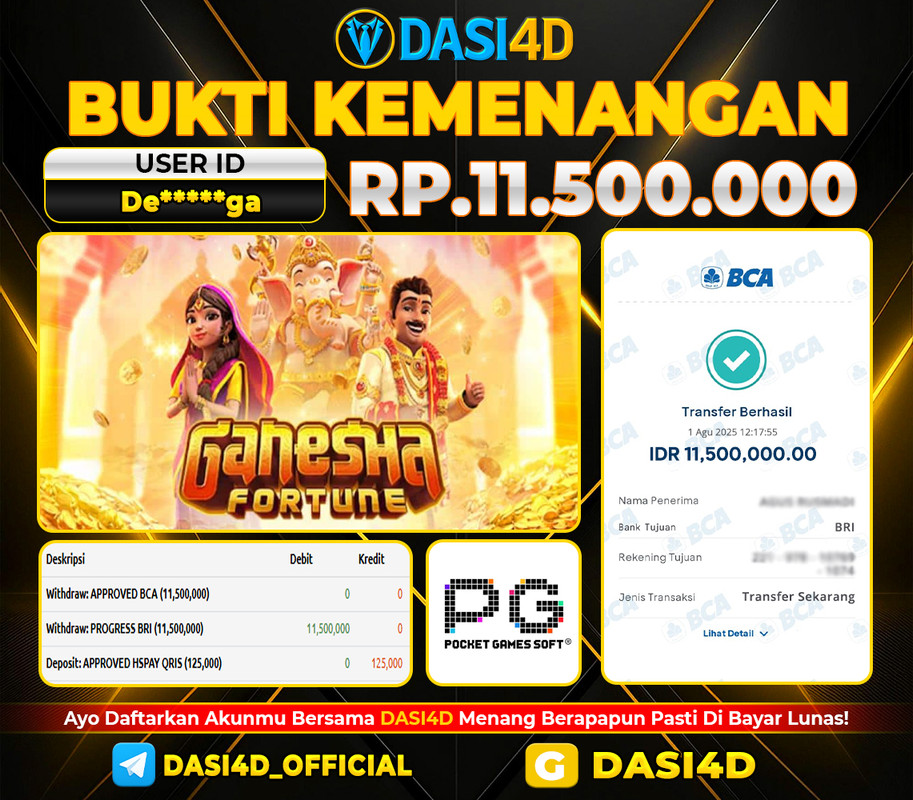 BUKTI KEMENANGAN 01 AGUSTUS DI GANESHA FORTUNE RP 11.500.000