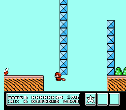 Under and over an overhead wall as P-Leaf Raccoon Mario in World 5-2.