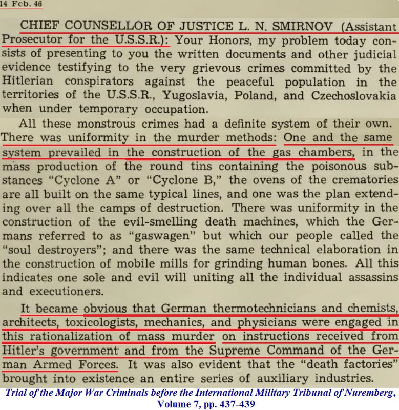 Holocaust - IMT - February 1946 - Nuremberg Trial - evil science - gas chambers - obvious that Germa