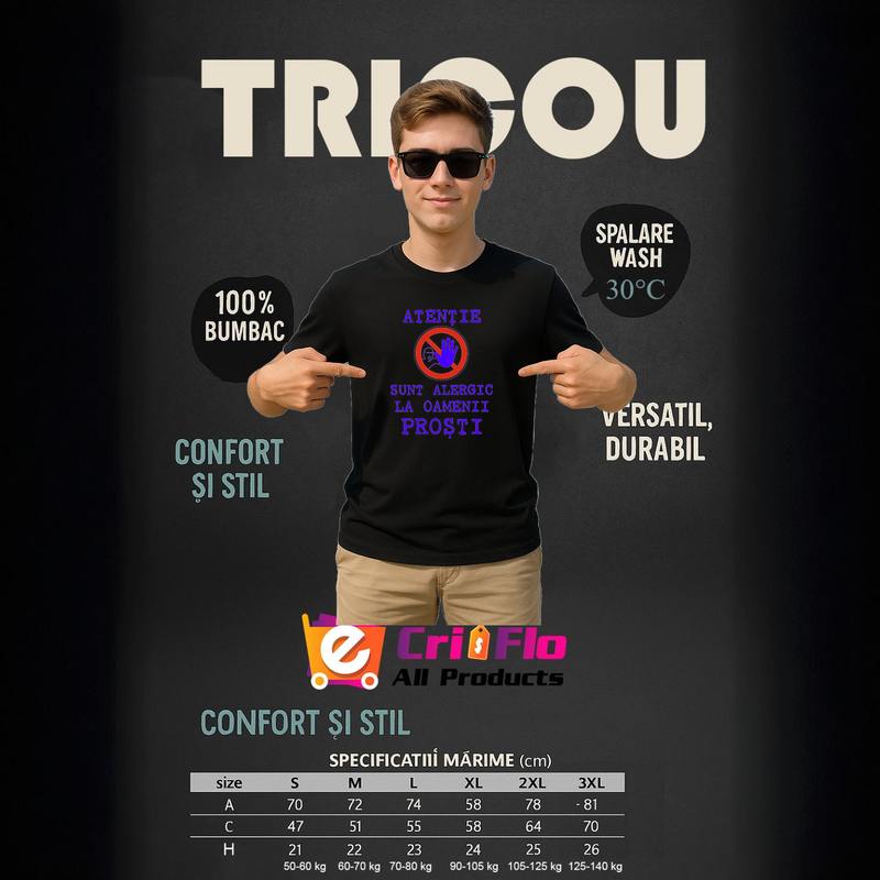 Tricou atentie sunt alergic la oamenii prosti avertisment ironic, Barbat, 100% bumbac, Cri-Flo, Culoare Negru, Marime 3XL