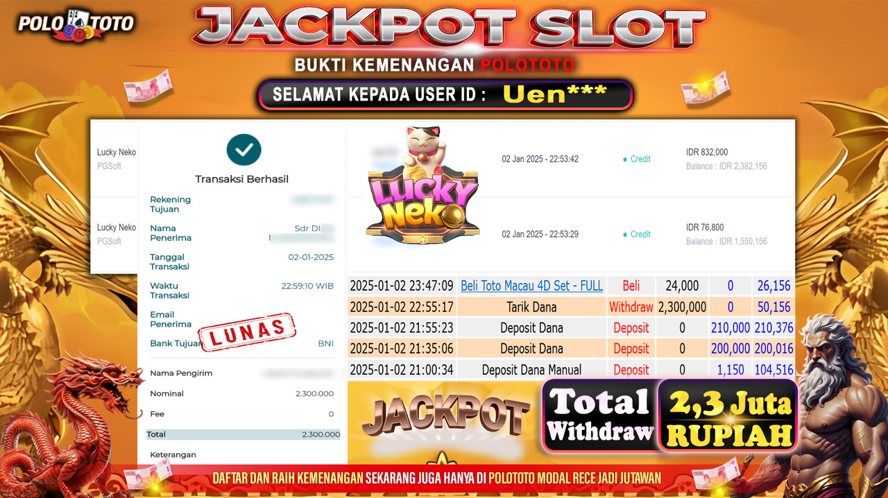 POLOTOTO JACKPOT SLOT LUCKY NEKO Rp.2,300.000,-