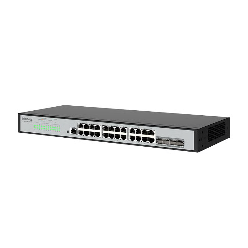 Vista detalhada das portas Gigabit PoE+ e SFP+ do Switch Intelbras S2328G-PB.