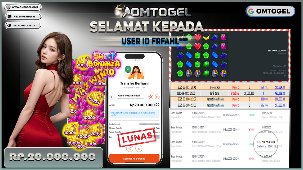 OMTOGEL JACKPOT PRAGMATIC PLAY SWEET BONANZA 20 JUTA DI BAYAR LUNAS ,-