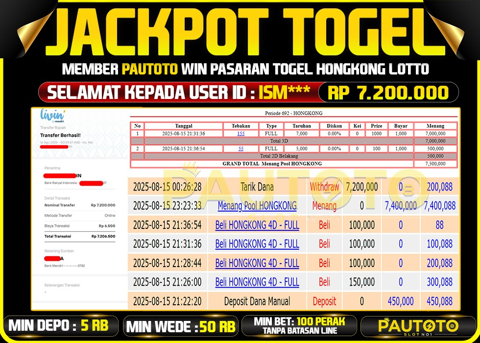 BUKTI PEMBAYARAN TGL 15 AGUSTUS 2025 MENANG DI PASARAN HONGKONG LOTTO TOTAL WD 7,2 JUTA