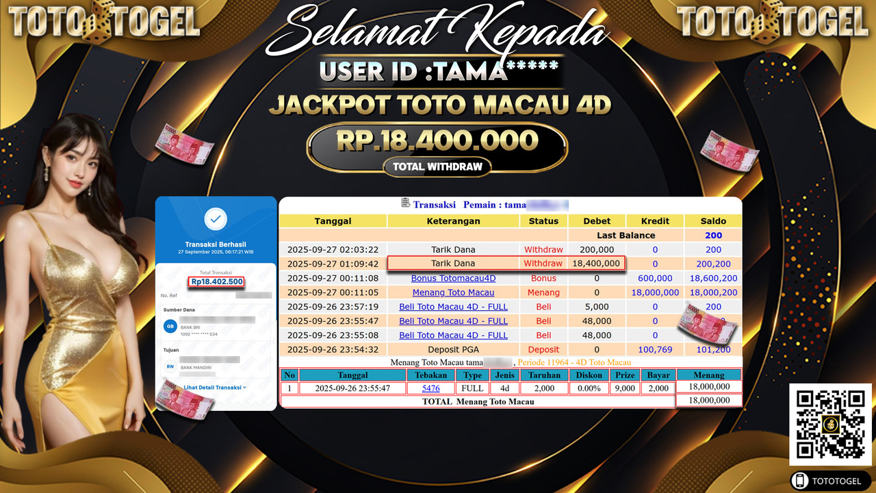 Bukti Pembayaran Jackpot Permainan Togel Toto Macau 4D ID:TAMA*** LUNAS