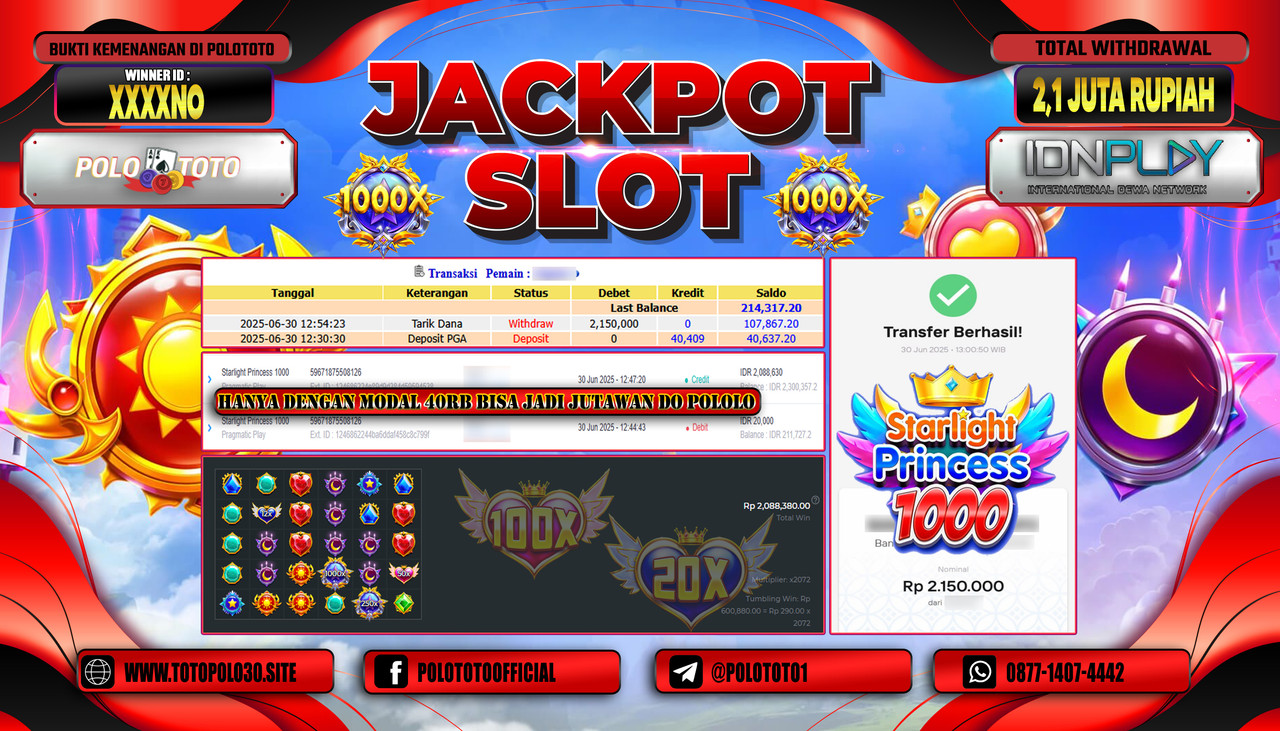 POLOTOTO JACKPOT SLOT STARLIGHT PRINCESS 1000 Rp.2.100.000,- LUNAS