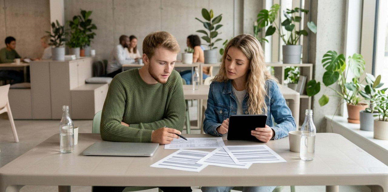 two young people sit opposite each other at a large matte plastic table