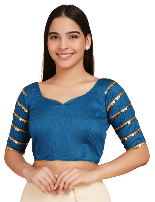 Women Dupion Silk Blouse Lace Work Sleeves Sweetheart Neck Traditional Choli