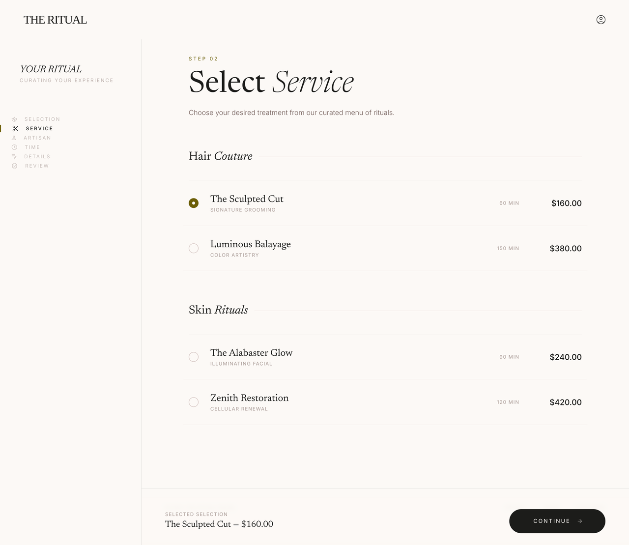 Select Your Ritual Service menu with pricing, duration, and category groupings — browsable, not buried.