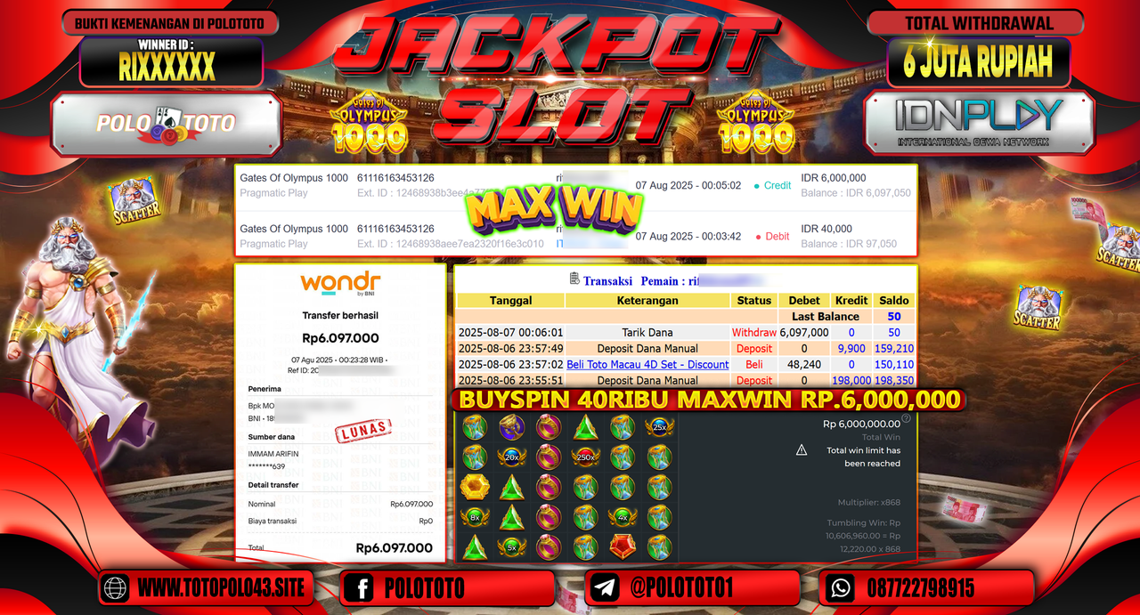 POLOTOTO JACKPOT SLOT GATES OF OLYMPUS 1000 Rp.6.000.000,-LUNAS
