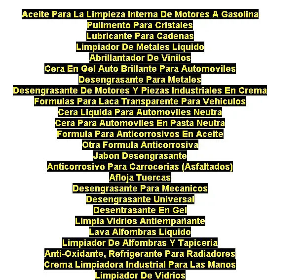 formulas quimicas productos limpieza auotomotriz aceirtes lubricantes