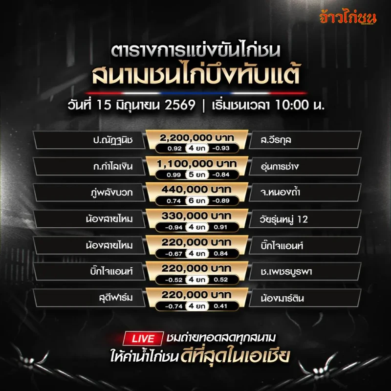โปรแกรมไก่ชน สนามชนไก่บึงทับแต้ 15 มิถุนายน 2026 รูปโปรแกรมหลัก