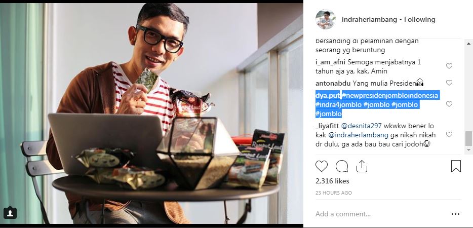 Netizen menobatkan Indra Herlambang sebagai presiden jomblo.