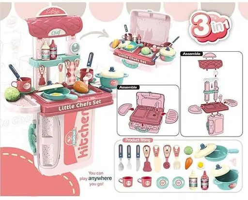Kitchen Set for Kids Girl, Kitchen with Suitcase, Play Kitchen Set Pink Kids Kitchen Play Set Great Educational Toy Gifts for Girls (3 in 1 Kitchen Suitcase) Color 1 (T103)