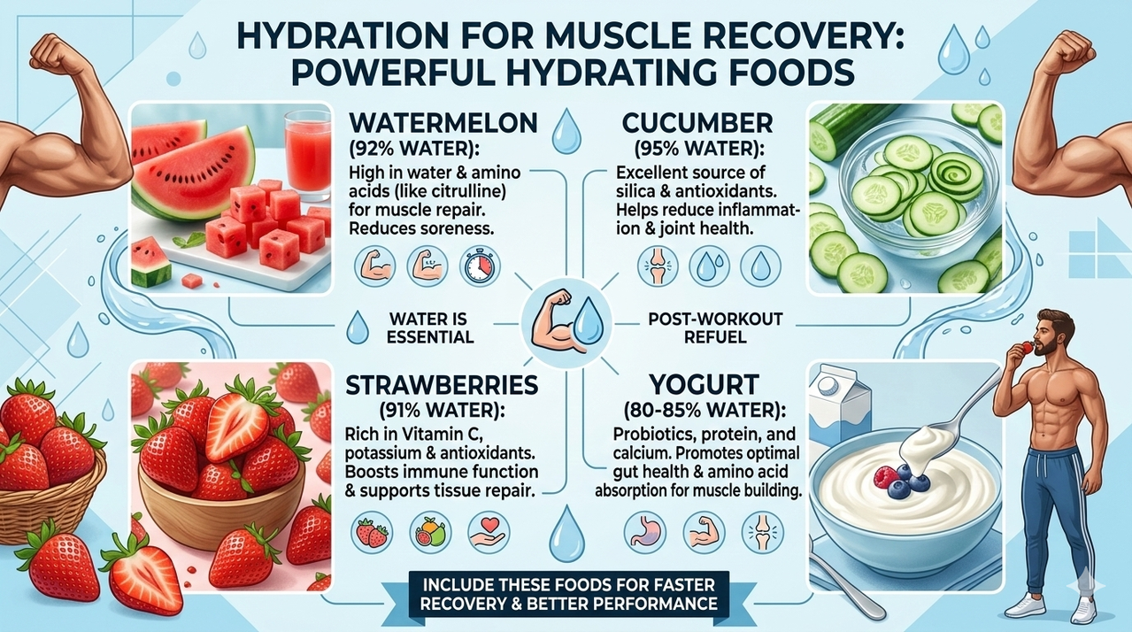 Collage of hydrating foods including watermelon, cucumber, strawberries, and yogurt for importance of hydration in muscle recovery