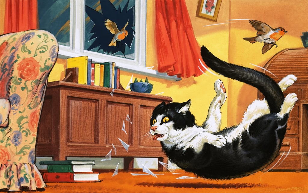English-School-Cat-falling-through-glass-window-Meister-Drucke-51880