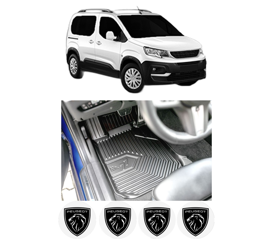 Set covorase presuri PEUGEOT RIFTER din 2018-2023, auto, din cauciuc thermoplastic, 4 Stickere auto cu PEUGEOT