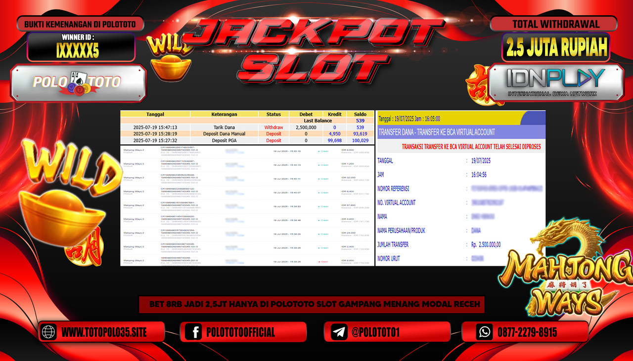 POLOTOTO JACKPOT SLOT MAHJONG WAYS 2 Rp.2.500.000,- LUNAS