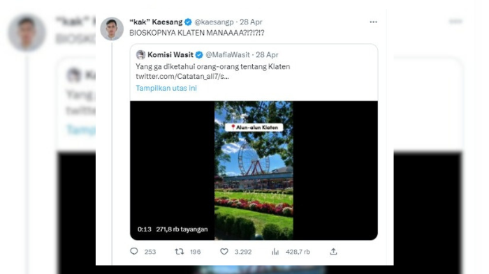 Viral di Twitter baru-baru ini putra bungsu Presiden RI Joko Widodo, Kaesang Pangarep mempertanyakan soal keberadaan fasilitas bioskop di Kabupaten Klaten, Jawa Tengah yang mengundan reaksi ratusan warganet.
