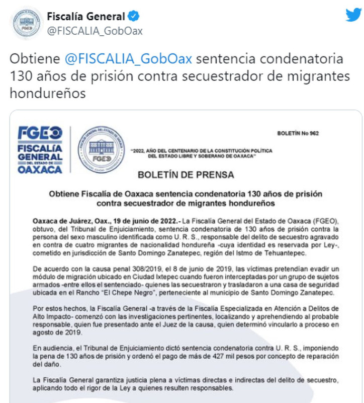 Secuestrador es condenado a 130 años de prisión, privó de su libertad a migrantes