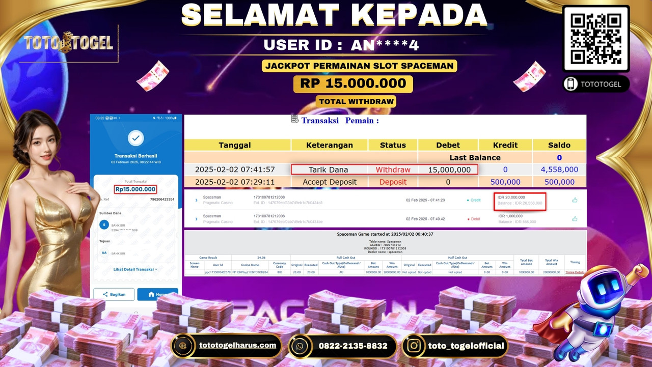 Bukti Pembayaran Jackpot  Permainan Slot Spaceman  ID:AN****4 LUNAS