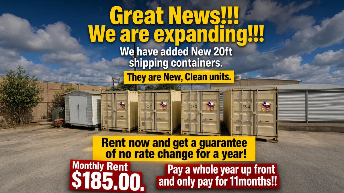 New 20-foot steel storage containers at Lone Star Self Storage