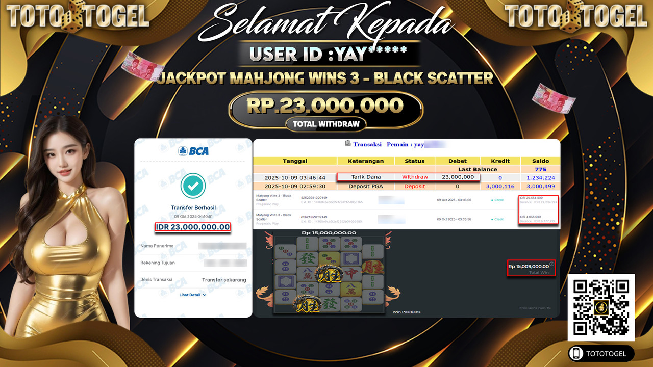 Bukti Pembayaran Jackpot Permainan Slot Mahjong Wins 3 - Black Scatter  ID:YAY*** LUNAS