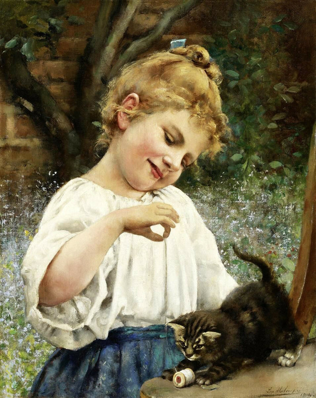 0-Leo Malempré (British-French, 1860-1901), Girl Playing with a Kitten
