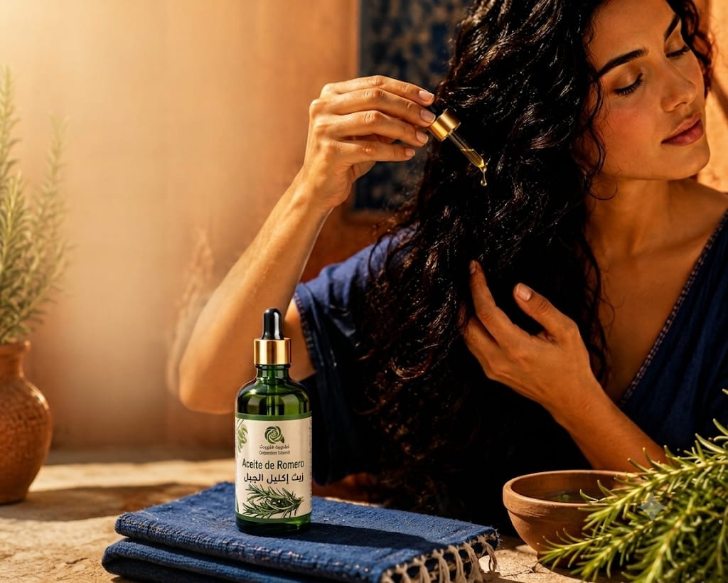 Mujer disfrutando de su ritual capilar de romero en un baño de luz natural